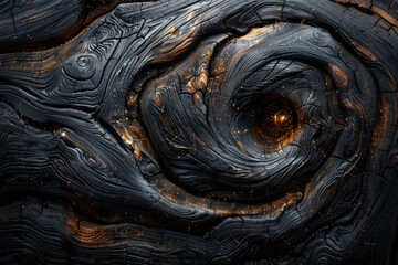 Dark fantasy aerial photography of the Lava and wood twisted by fire, glowing cracks on its surface. Created with Ai