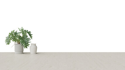 a plant in a white vase on a wooden floor