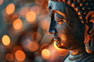 Buddha Purnima and Vesak day concept, Buddha statue with low key light against beautiful and colorful background close up. Meditation copy sapce with generative ai