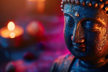 Buddha Purnima and Vesak day concept, Buddha statue with low key light against beautiful and colorful background close up. Meditation copy sapce with generative ai - obrazy, fototapety, plakaty
