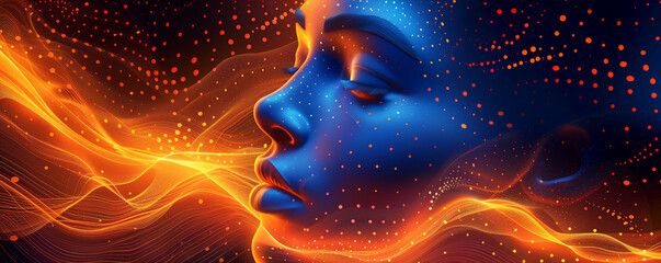 a close up of a woman s face with glowing particles coming out of it