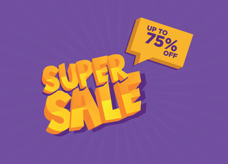 Super Sale 75, purple banner with lilac rays, post for advertising on social networks