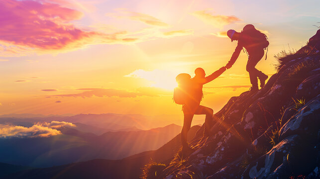 Two people are climbing a mountain together. One of them is wearing a backpack. The sun is setting in the background, creating a beautiful and serene atmosphere