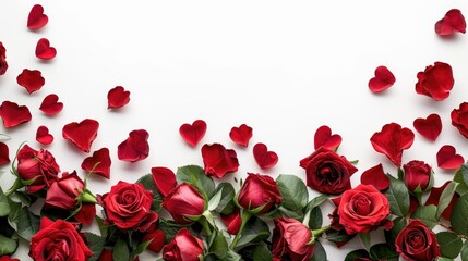 A charming arrangement of red roses and hearts adorns a crisp white backdrop in a Valentine s Day themed banner with ample space for your heartfelt message