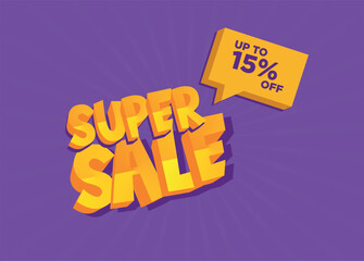 Super Sale 15, purple banner with lilac rays, post for advertising on social networks