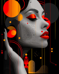 A pixel art painting of a womans face with red lips and dramatic eyelashes
