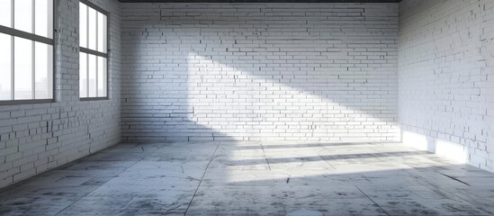 Empty room with a white brick wall and concrete floor, devoid of any occupants. - obrazy, fototapety, plakaty