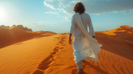 A man wearing a white robe walks across a desert. The desert is barren and the sky is clear