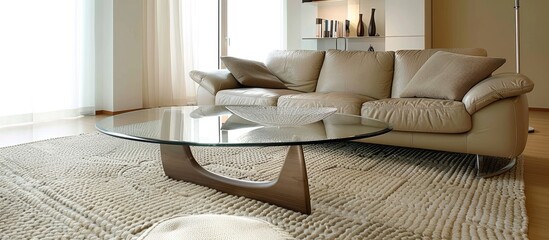 A white living room featuring a taupe leather sofa and a glass table on a carpet.