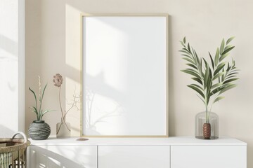 Scandinavian style living room with poster mockup created with generative ai