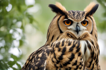 Obraz premium bubo looking shoulder Turkmenian sitting isolated background Eagle side turcomanus owl lens white ways detailed animal brown studio shot orange sharp girl