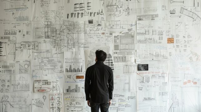 A topdown view of an architect standing in front of a large whiteboard covered in sketches equations and diagrams all representing their detailed thought process for creating a new .