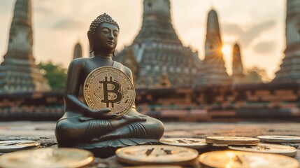 Outdoor Buddhism Blockchain for secure transactions ensuring privacy and security for those attending online spiritual retreats or making donations to temples - obrazy, fototapety, plakaty