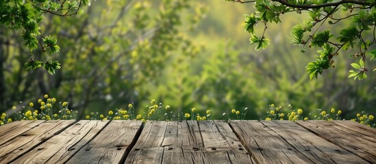 Wooden planks set against a background of spring foliage