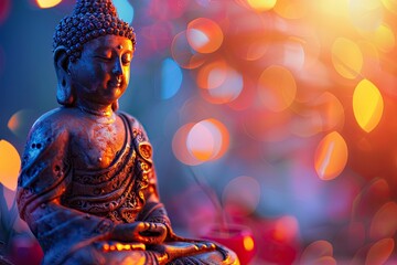 Buddha Purnima and Vesak day concept, Buddha statue with low key light against beautiful and colorful background close up. Meditation copy sapce with generative ai - obrazy, fototapety, plakaty