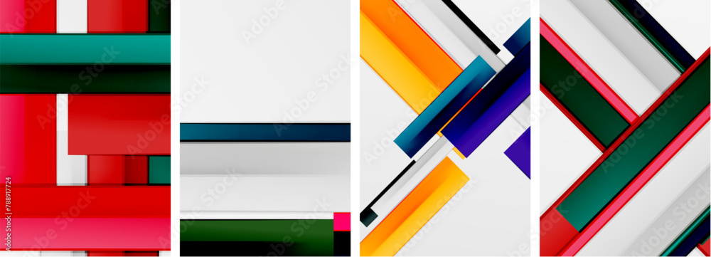 Poster a vibrant collage of colorful geometric shapes created with rectangles, triangles, and electric blue