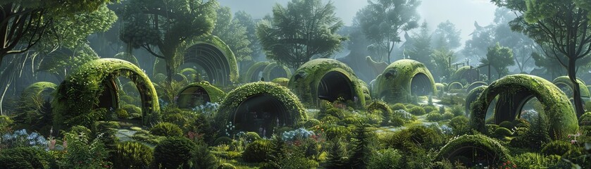 Green burials depicted in a utopian society, with biodegradable caskets merging into lush, sustainable landscapes