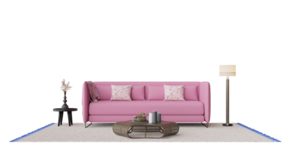 a pink couch sitting on top of a white floor
