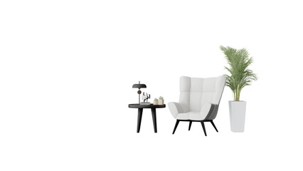 a white chair and a table with a plant