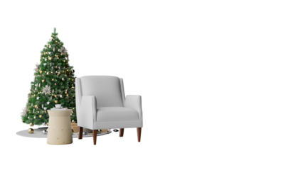 a christmas tree and a chair in a room