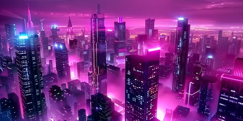 Zelfklevend Fotobehang Skyscrapers light up the sky in a vibrant purple and pink cityscape © Bonya Sharp Claw