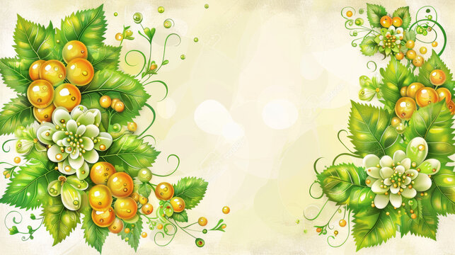 A beautiful flowery background with a bunch of grapes in the foreground. The background is a light green color and the grapes are a bright yellow color