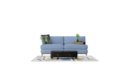 a blue couch with a black ottoman and a plant