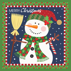 christmas card with cute snowman and broomstick