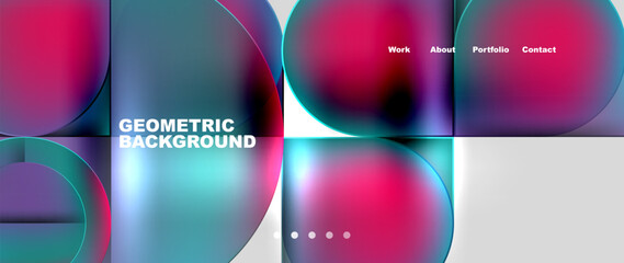 A vibrant geometric background featuring colorful circles in shades of electric blue, magenta, and violet on a white backdrop, resembling balloons floating in the sky