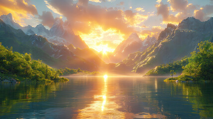  A breathtaking sunset over the mountains, reflecting on calm waters with lush greenery in the background. Created with Ai
