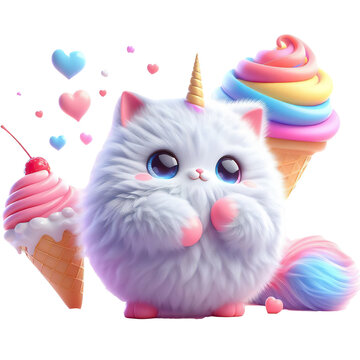 3D cute colorful caticorn for valentines day, white background PNG