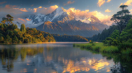 A breathtaking landscape of New Zealand's lush greenery, with towering snowcapped mountains reflecting in the calm waters below. Created with Ai