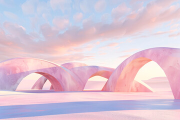 3D render pastel landscape desert with geometric shapes