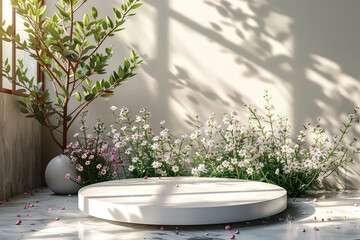 Fototapeta na wymiar A large white stone basin with pink flowers on the side, in the style of Chinese interior design, light and shadow effects. Created with Ai