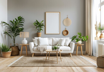 A minimalistic Scandinavian living room with light grey walls, white wooden furniture and plants, featuring an empty beige rug on the floor.