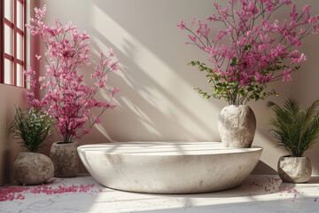 Fototapeta na wymiar White stone bathtub, pink flowers in vases on the table, interior design in the style of Chinese style. Created with Ai