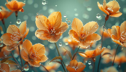 A beautiful photograph of blooming peach colored flowers in the rain. Created with Ai