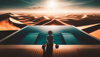 persona de vacaciones en el desierto sentado en la alberca - obrazy, fototapety, plakaty