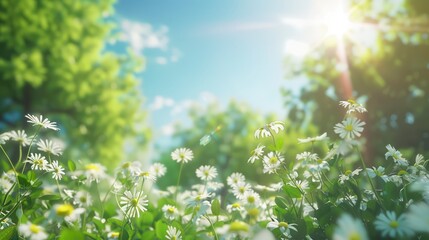 Beautiful spring background nature with blooming glade chamomile, trees and blue sky on a sunny day. High Quality Image
