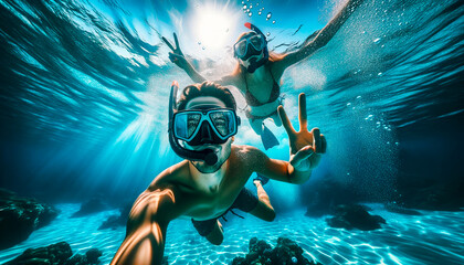 Selfie debajo del mar - obrazy, fototapety, plakaty