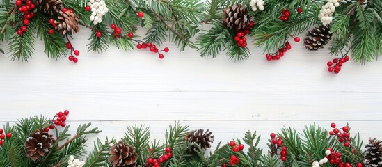 White wooden background with a border composed of Christmas tree branches, pine cones, flowers, and red berries, with space for copying text.