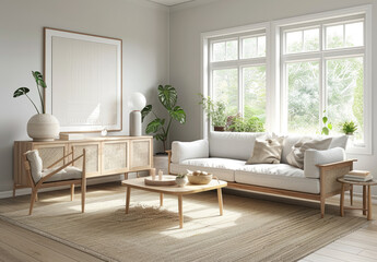 A minimalistic Scandinavian living room with light grey walls, white wooden furniture and plants, featuring an empty beige rug on the floor.