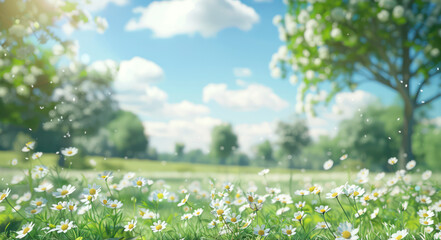 Beautiful spring background nature with blooming glade chamomile, trees and blue sky on a sunny...
