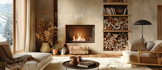 Obraz premium Cozy living room interior with a decorative fireplace and stacked wood.