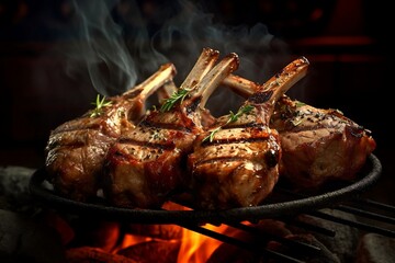 Pork lamb chops sizzling on barbecue grill over an open flame, cooking to perfection. Lamb chops on grill above flames. Pork chops on grill over an fire. Closeup view of plate of grilled lamb chops