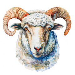 Watercolor realistic ram face on a white background. Print for postcard, mug, baseball cap, notepad, notebook
