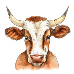 Watercolor realistic bull, cow face on a white background. Print for postcard, mug, baseball cap, notepad, notebook