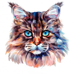 Watercolor realistic cat, Maine coon face on a white background. Print for postcard, mug, baseball cap, notepad, notebook