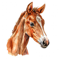 Watercolor realistic horse face on a white background. Print for postcard, mug, baseball cap, notepad, notebook