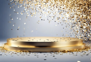 product space A jubilees ceremonies confetti suitable parties golden adorned festive award stage mockup presentations  Years New providing Created gold rain empty c - obrazy, fototapety, plakaty